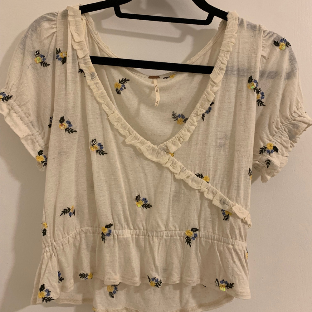 Free People Sequin/Embroidered Floral Crop Top